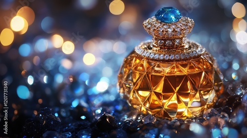 Luxury perfume bottle with blue gemstone and shimmering crystals on a sparkling blue background, emphasizing elegance and sophistication. photo