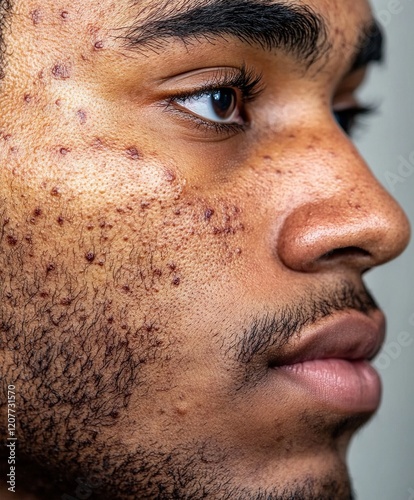 Detailed side profile of a man with visible post-inflammatory hyperpigmentation, acne scars, and facial hair.