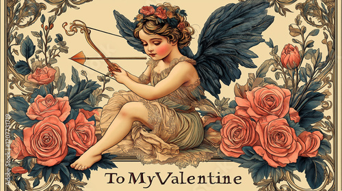 Vintage Valentine’s Day Cupid with Roses and Bow