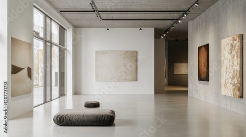 Contemporary minimalist gallery interior showcasing large abstract poetry artworks in neutral tones with soft seating in natural light photo