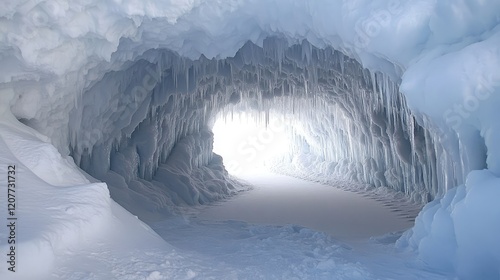 Majestic Ice Cave with Glacial Formations and Bright Opening Illuminating the Interior