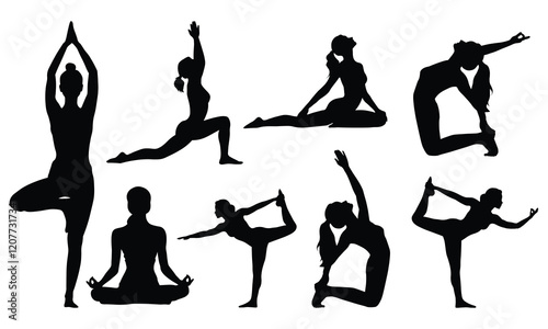 Women practicing Meditation and Yoga vector silhouette set, Girl stretching and relaxing her body in different fitness poses, isolated on white background