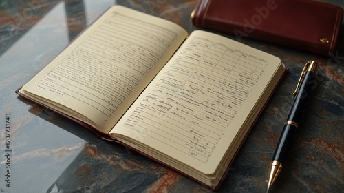 Notebook open on marble table with notes and pen next to it at a cafe during ...