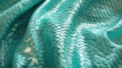 Luxurious mint green mermaid fabric with shimmering iridescent whale scale pattern showcased in elegant draping style for fashion apparel design photo