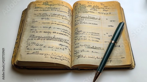 Notebook open on marble table with notes and pen next to it at a cafe during ...