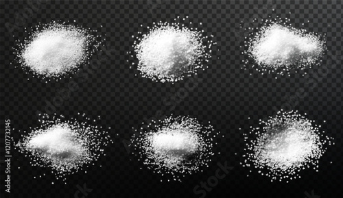 The image depicts white sugar on a black background. The sugar is presented in loose, granular forms, emphasizing its texture and detail. The minimalistic composition highlights the contrast between t