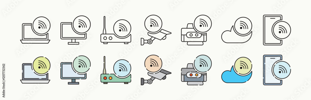 Digital devices with wireless connection representative line and flat color with outline icon set design Digital devices with wireless connection representative line and flat color with outline icon set design