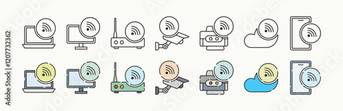 Digital devices with wireless connection representative line and flat color with outline icon set design