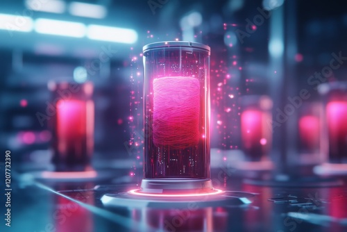 A futuristic depiction of knitting yarn with glowing, holographic strands being woven into fabric by robotic knitting needles, set in a high-tech crafting space