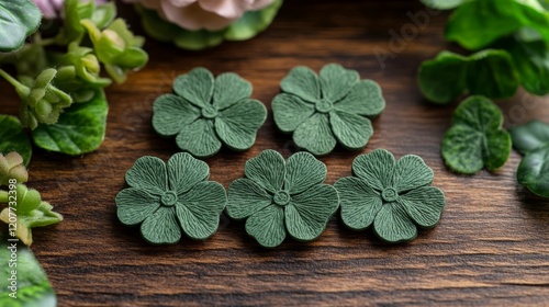 Green clover embellishments arranged on a wooden surface surrounded by leaves