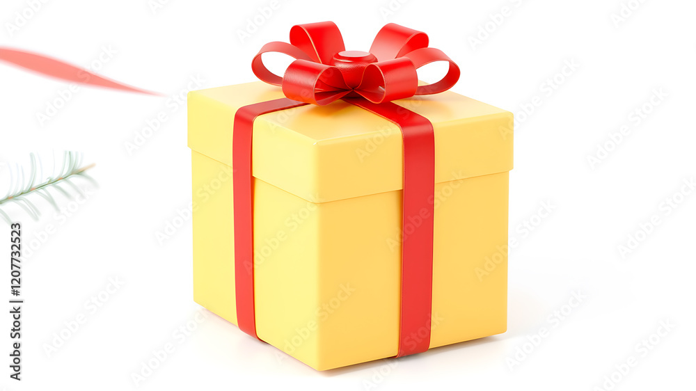 Obraz premium Simple cute kawaii yellow gift box wrapped with red bow and ribbon for a cozy Christmas. Concept art colorful holiday present for thanksgiving, fall, 3d render isolated white backdrop. Generative AI