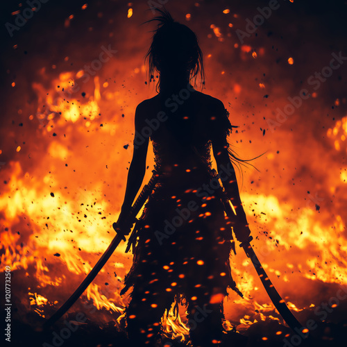 A woman wearing torn off clothing is holding a sword, epic battle scene with fire and falling ash. Back view