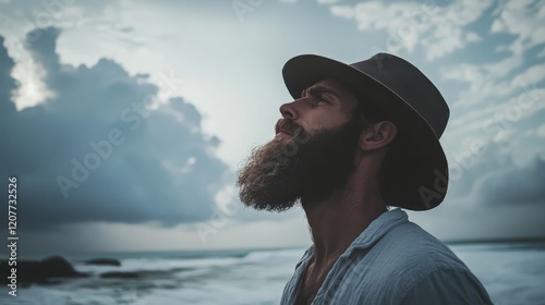 Bearded man in gray hat gazing at cloudy sky on beach with ocean waves in background capturing coastal lifestyle and nature elements.