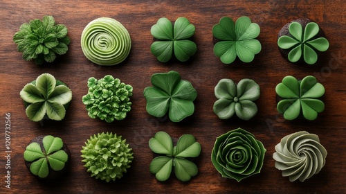 Green clover embellishments arranged on a wooden surface surrounded by leaves