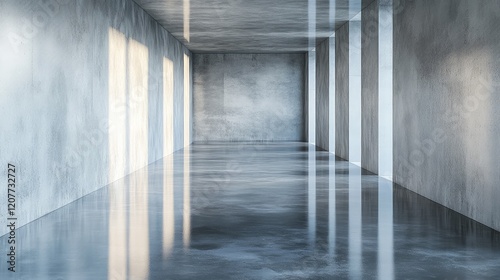 Concrete hallway featuring polished reflective floor and abundant natural light through windows, emphasizing minimalist design elements.