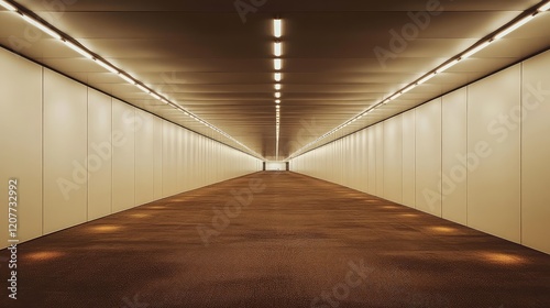 Minimalist corridor featuring brown carpet flooring with illuminating lamps, light reflections on blank white walls and a sleek bulkhead design.