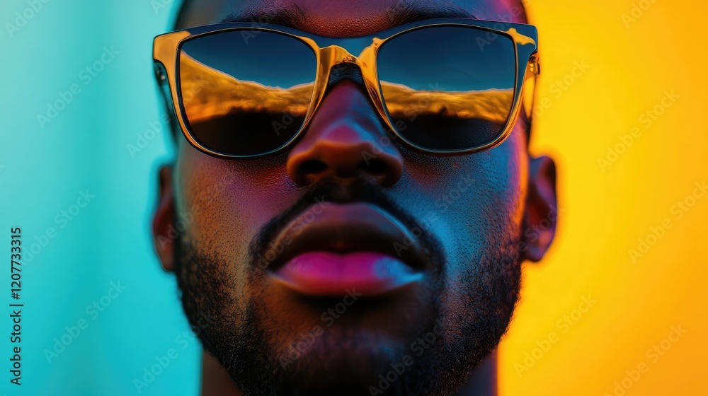 Close-Up Portrait of a Stylish Man with Gold Sunglasses against a Bright Orange and Blue Background Reflected in Lenses Close-Up Portrait of a Stylish Man with Gold Sunglasses against a Bright Orange and Blue Background Reflected in Lenses