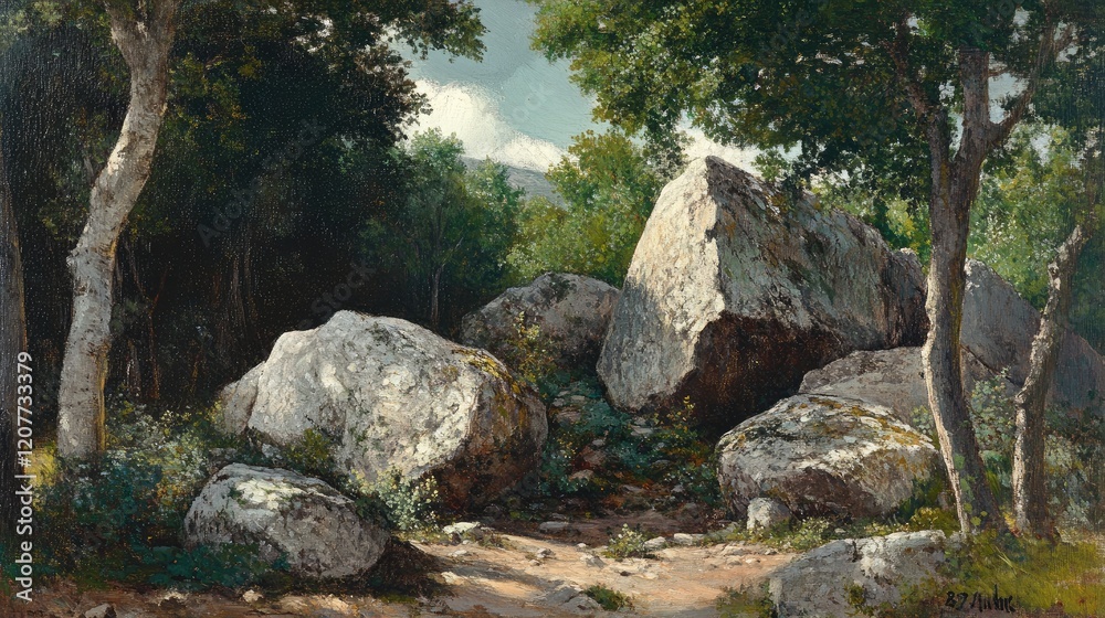Vast gray boulders nestled within a lush green forest landscape under a bright blue sky with white clouds in a serene rocky terrain setting Vast gray boulders nestled within a lush green forest landscape under a bright blue sky with white clouds in a serene rocky terrain setting