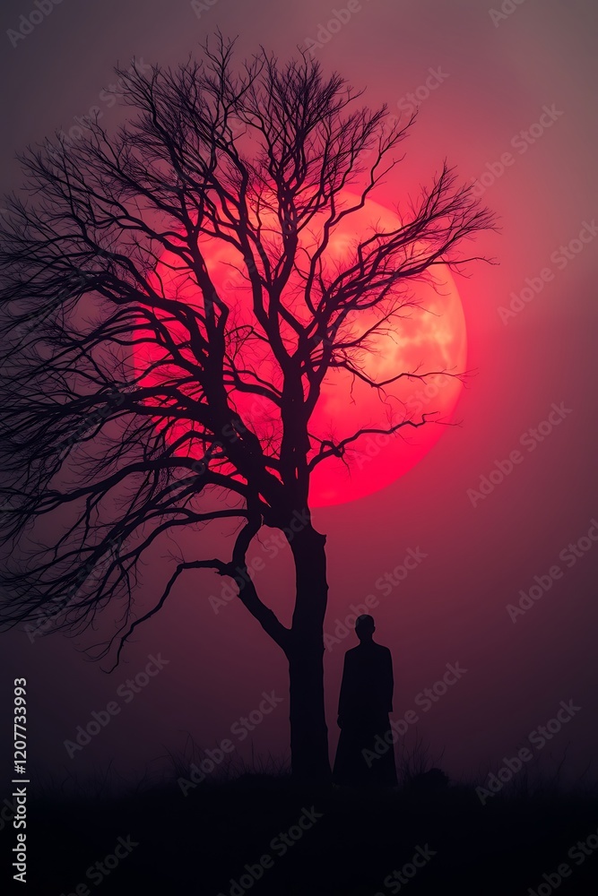 Silhouette of person by bare tree against large red moon. Silhouette of person by bare tree against large red moon.