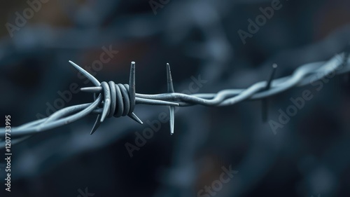 Barbed wire spike in close-up, showing twisted metal coils and pointed tips, rugged, sharp photo