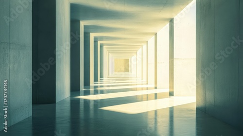 Minimalist Interior Space with Soft Direct Sunlight Illuminating Concrete Columns and Floors in Bright Yellow and Light Blue Tones