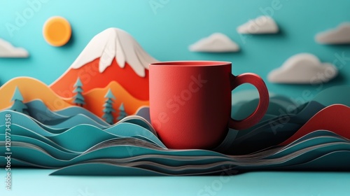 Red Mug in Paper Craft Landscape: A vibrant red mug takes center stage against a whimsical papercraft backdrop depicting a mountain range, rolling hills, and fluffy clouds. photo