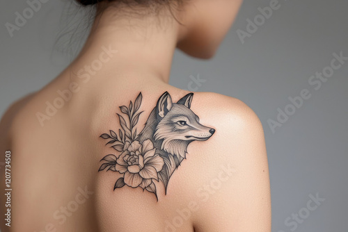 bold blackwork tattoo of wolf with floral elements is inked on woman shoulder, showcasing intricate details and artistic expression photo