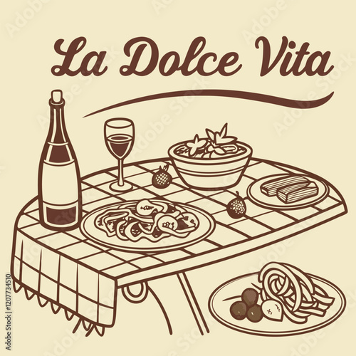 Italian Homemade Pasta Retro Vintage Doodle Drawing – Family Dinner and Dolce Vita Table Setting