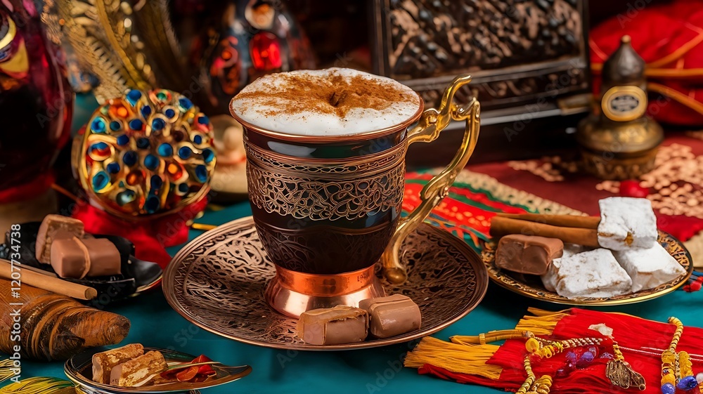 Fototapeta premium Traditional Turkish coffee served in ornate copper cup with saucer, garnished with Turkish delight and styled on decorative cloth