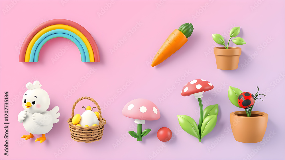 spring 3D vector icon set. rainbow, child chicken, egg basket, carrot, mushroom, plant pot, leaf, ladybug. Generative AI spring 3D vector icon set. rainbow, child chicken, egg basket, carrot, mushroom, plant pot, leaf, ladybug. Generative AI