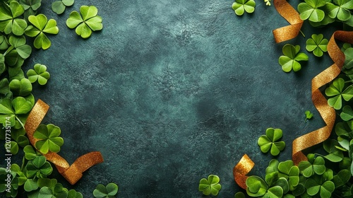 Decorative green background with golden clovers and festive elements for cele...