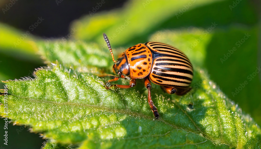 Close-up of a striped beetle on a vibrant green leaf, bathed in sunlight. A stunning macro shot perfect for illustrating nature, entomology, or pest control concepts. Close-up of a striped beetle on a vibrant green leaf, bathed in sunlight. A stunning macro shot perfect for illustrating nature, entomology, or pest control concepts.