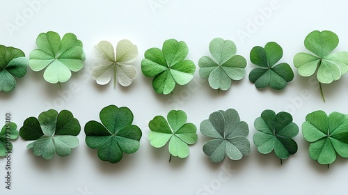 Green clovers arranged in a bowl surrounded by leaves on a white surface
