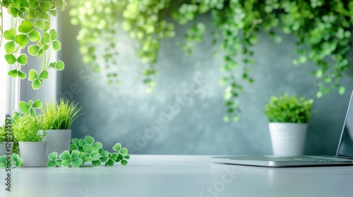 Green clovers arranged in a bowl surrounded by leaves on a white surface