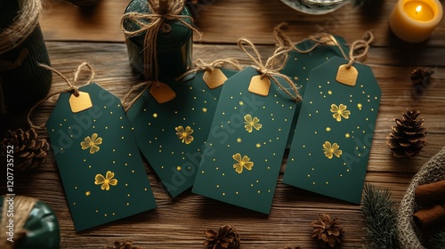 Handcrafted green gift tags with gold flower designs and rustic decor for fes...