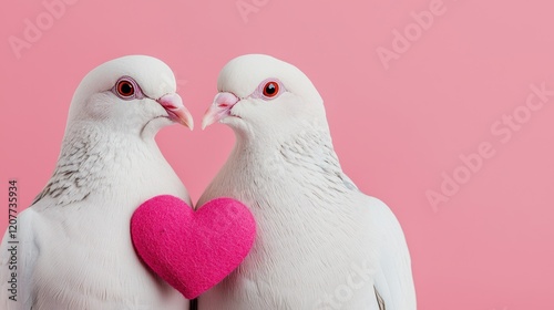 Two white doves holding pink heart on pink background photo