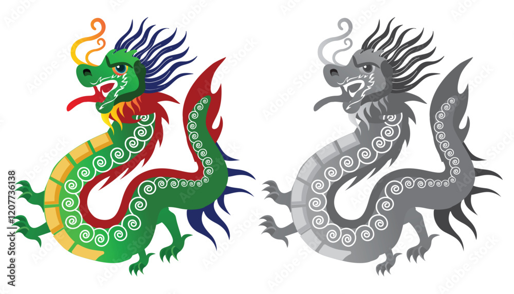 Fototapeta premium Colorful and monochrome Chinese dragon