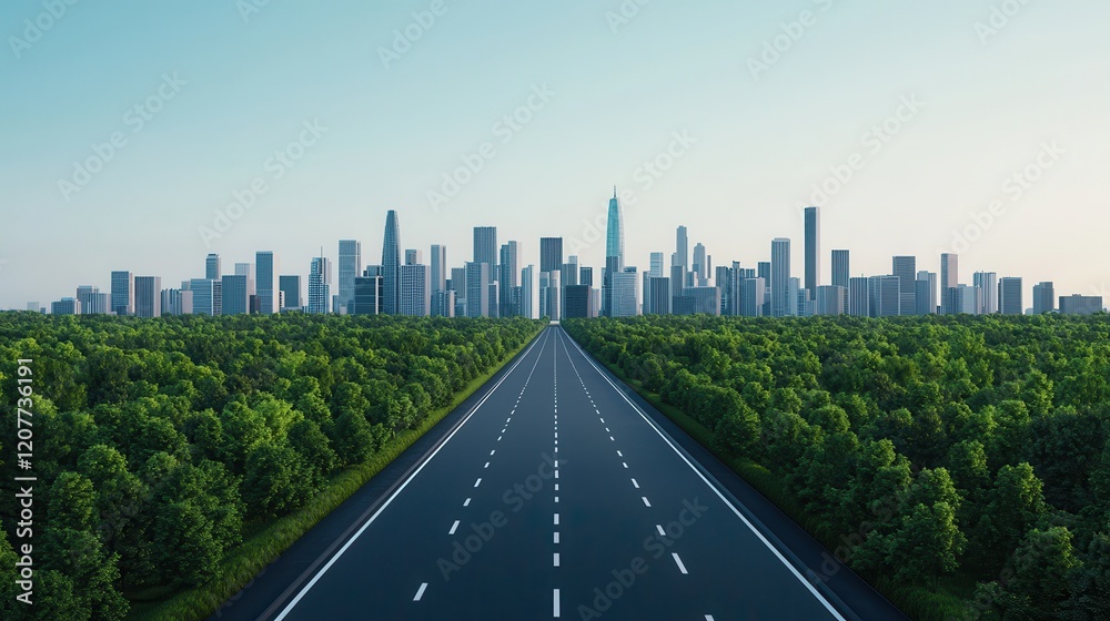 Fototapeta premium A vast, empty highway leads towards a modern city skyline, surrounded by lush greenery under a clear sky.