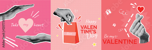 Halftone valentine cards. Lovers day greeting card set vintage paper collage, 14 february party abstract posters template realistic hands with heart shop bag vector illustration