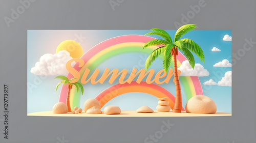 Summer 3d banner design. Realistic render scene tropical palm tree, sun, rainbow, cloud. Tropic beach objects, Holiday web poster, flyer, seasonal brochure, cover. Generative AI photo