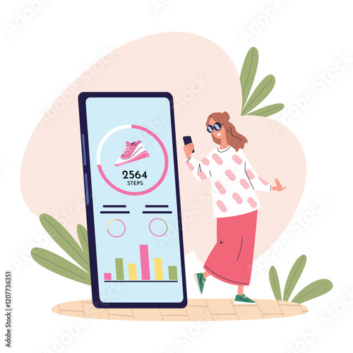 Mobile counting steps. Walking woman watch pedometer in smartphone app, phone step counter fitness monitoring outdoor walk run data tracking sport health care vector illustration