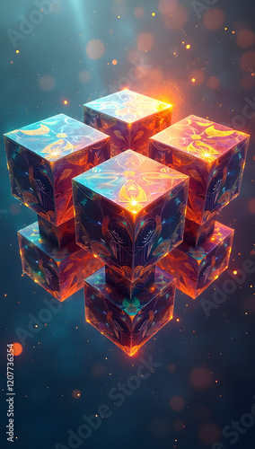 Futuristic neon blocks with light shining from center