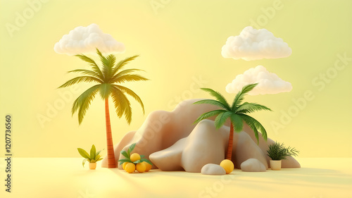 Summer 3d banner design. Realistic render scene tropical palm tree, sun, rainbow, cloud. Tropic beach objects, Holiday web poster, flyer, seasonal brochure, cover. Generative AI photo