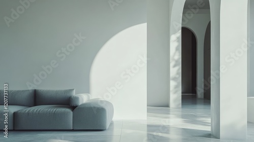 Minimalist interior design featuring a grey sofa against white walls with natural light casting shadows in a spacious open layout.