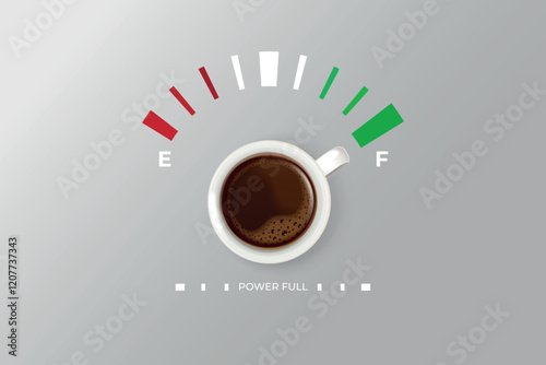 Coffee cup power. Caffeine full energy fuel meter, power refuel level good morning cafe break time concept advertising poster, realistic cappuccino mug exact vector illustration