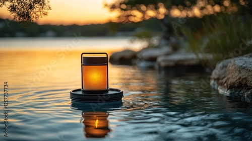 Lantern floating on calm water at sunset near a tranquil lakeside location