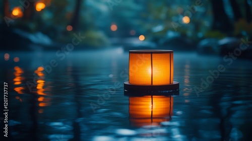 Lantern floating on calm water at sunset near a tranquil lakeside location