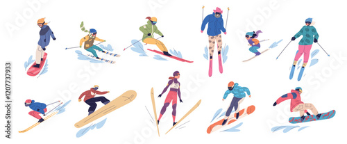 People skiers snowboarders. Happy ski and snowboard riders action poses, family winter extreme active sport fun skiing snowboarding mountain resort, set classy vector illustration