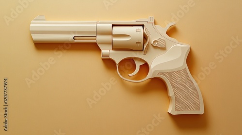 Beige Revolver: A minimalist depiction of a revolver, rendered in a muted beige tone against a complementary background. The image emphasizes form and texture, creating a stark yet intriguing visual. photo