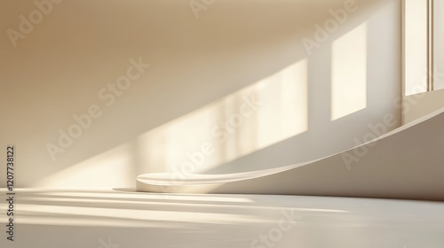 Soft Neutral Gradient Curve with Gentle Light Rays in Minimalist Interior Space and Bright Creamy Wall Details